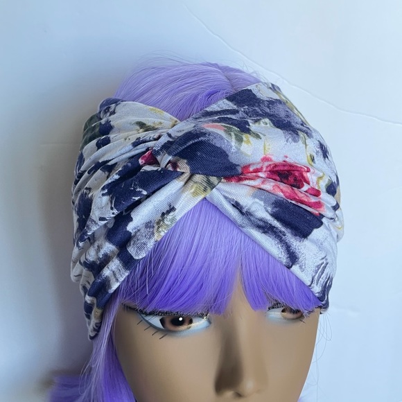 Wide Purple Floral Print Turban Headband, Headwrap - Picture 2 of 5